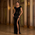 Sleeveless Round Neck Sequins Slim Fit Slit Evening Gown