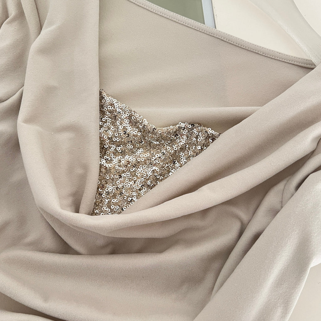 Women's Champagne Gold Sequin Two-Piece Evening Gown Set Ruched Top Mermaid Skirt Formal Party Dress