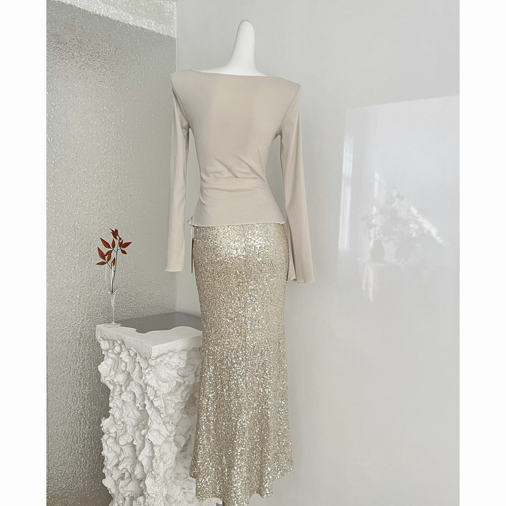 Women's Champagne Gold Sequin Two-Piece Evening Gown Set Ruched Top Mermaid Skirt Formal Party Dress